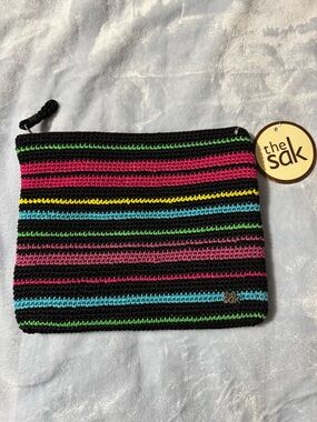The Sak Black Crochet Stripe Pouch with Pink, Green, Blue & Yellow Accents